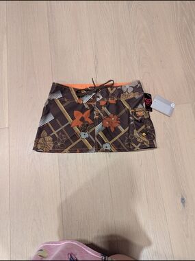 Ezekiel Brown Mini Board Skirt with Orange Floral Print Y2K Deadstock